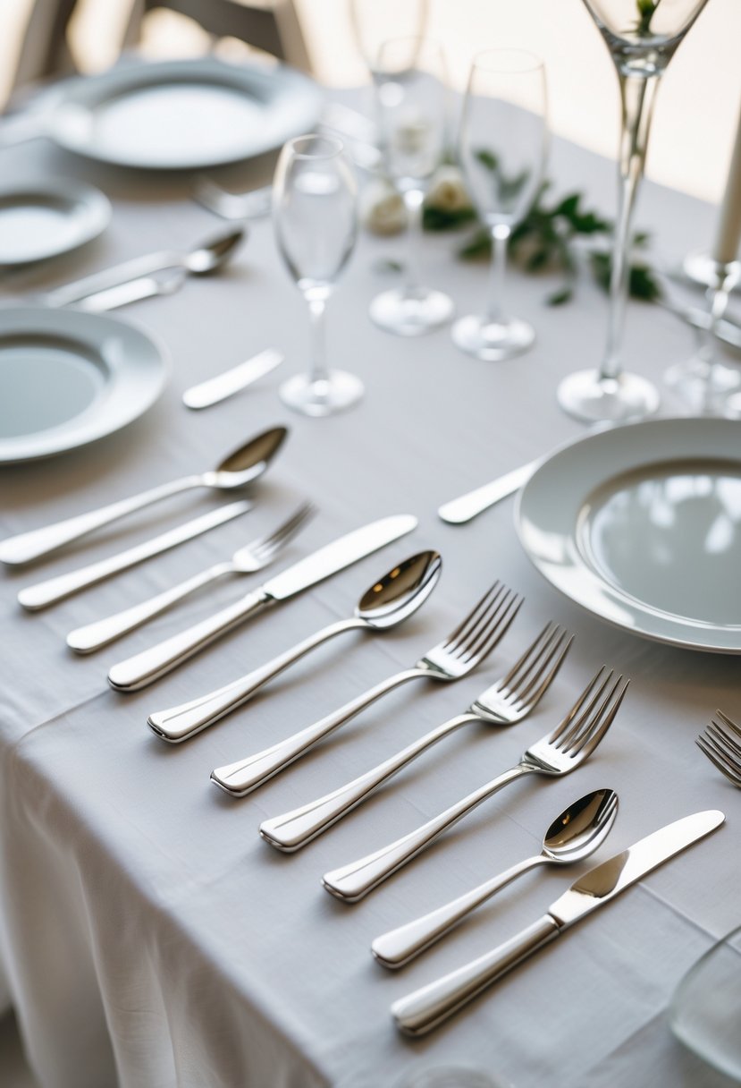 A wedding table set with sleek metallic cutlery and plain white plates on a white tablecloth without any flowers.