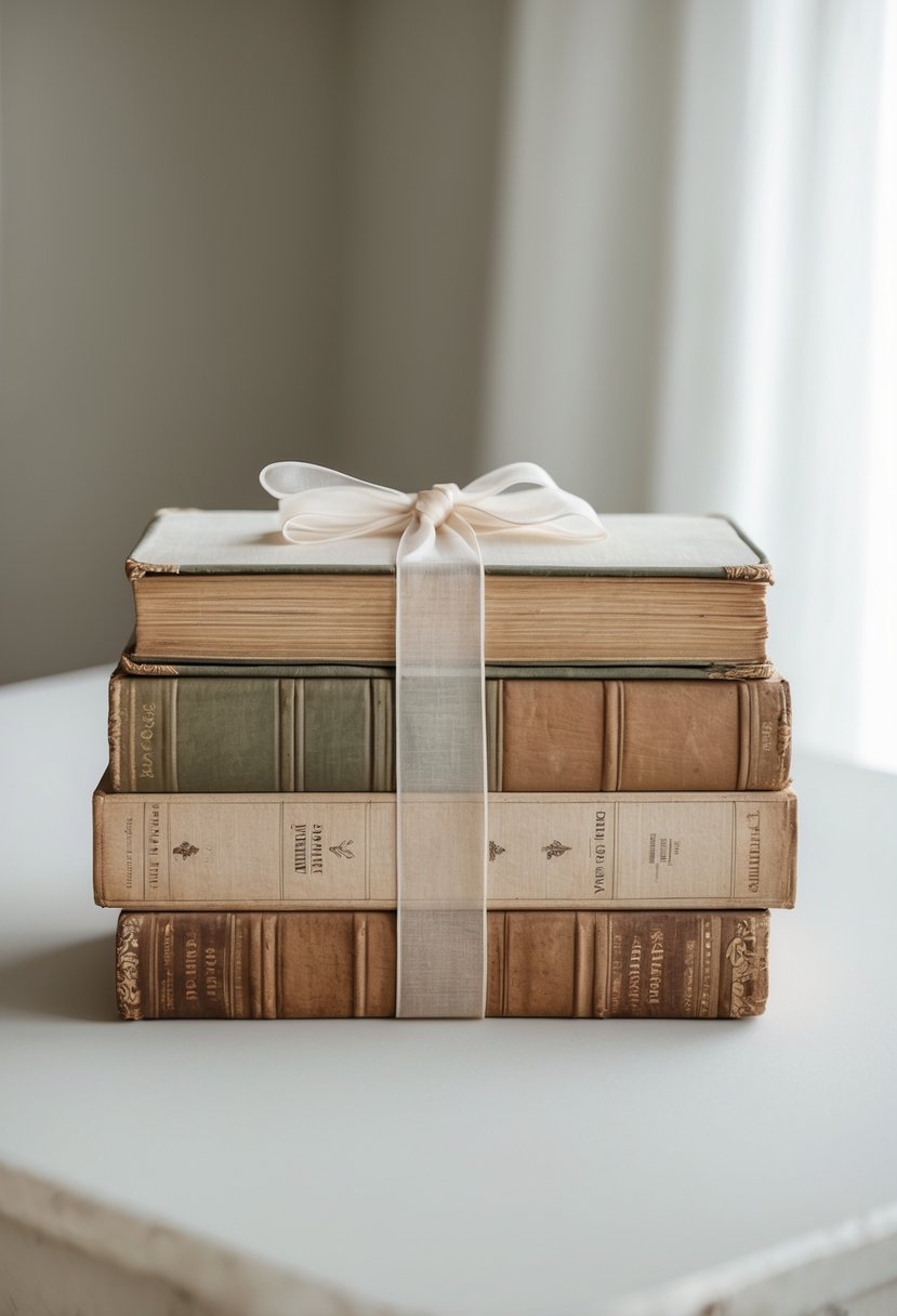A stack of vintage books tied with a ribbon placed on a table as a wedding decoration.