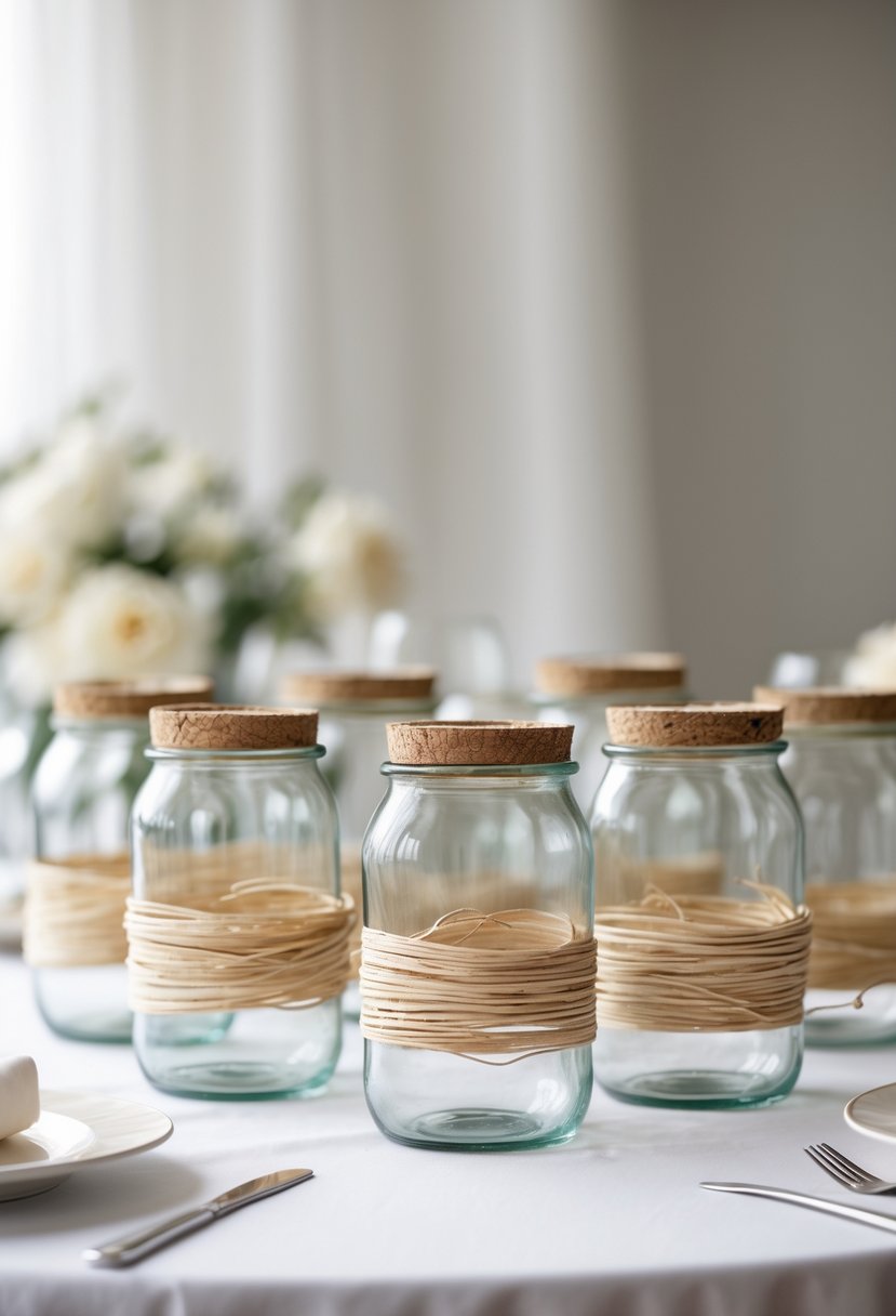 Clear glass jars wrapped with raffia twine arranged on a white table as wedding decorations.