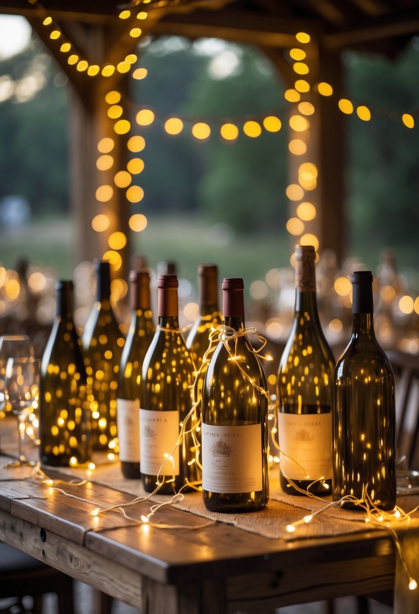 A wedding table decorated with vintage wine bottles wrapped in glowing fairy lights on a wooden surface.