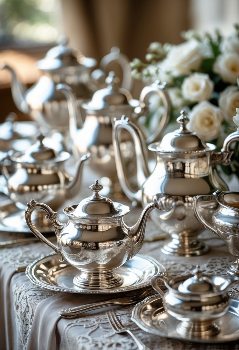 An arrangement of old-fashioned silver tea sets displayed on a wedding table without flowers.