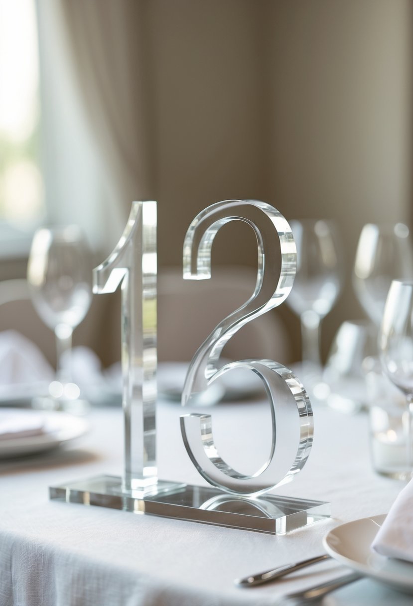 Clear acrylic table numbers on a white linen-covered wedding table with no flowers or other decorations.