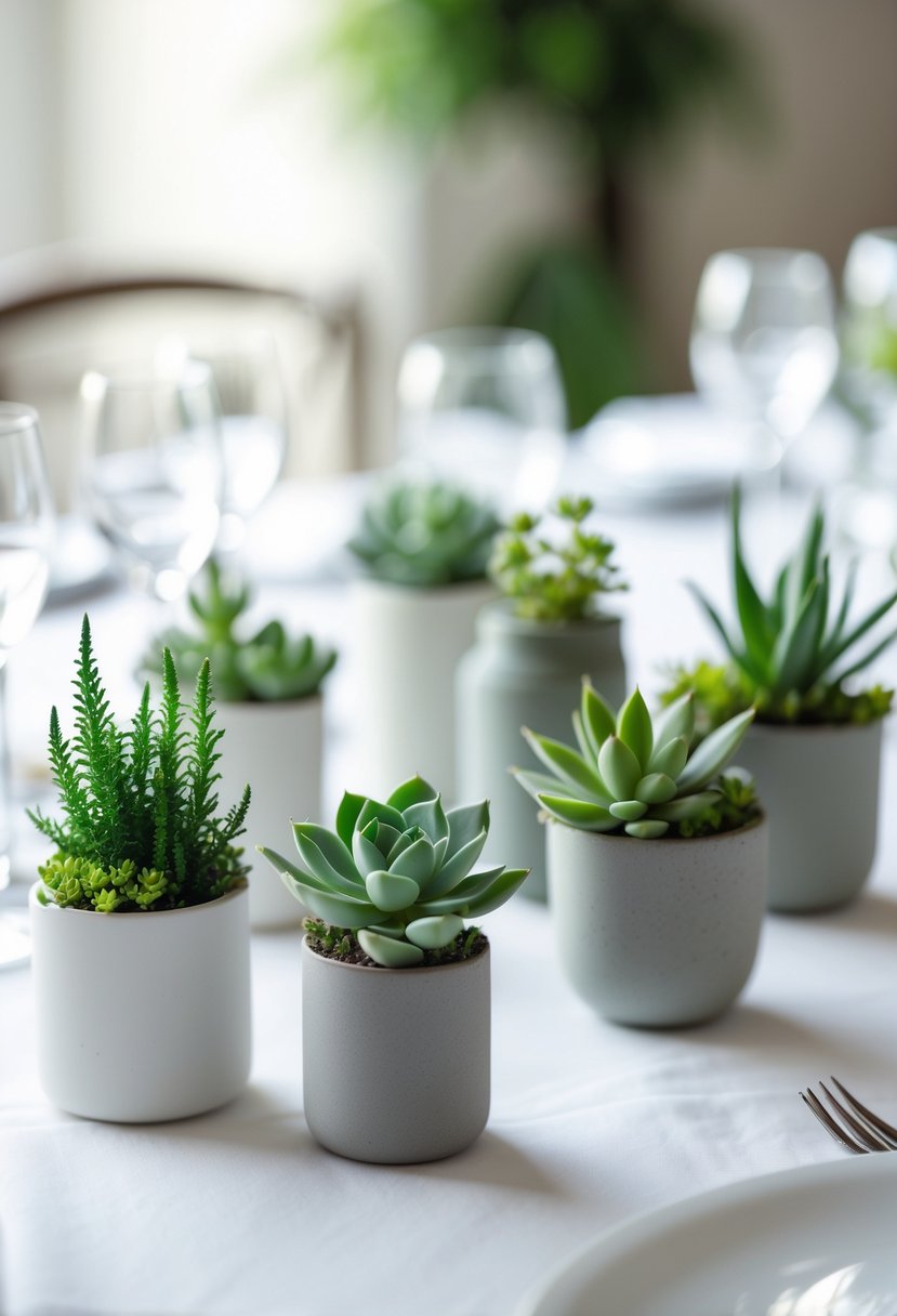 Small succulent plants in simple pots arranged on a clean white table.
