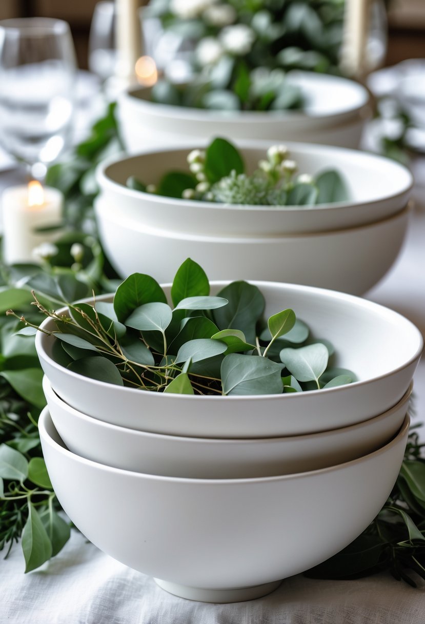 Matte white porcelain bowls filled with green leaves arranged on a wedding table.