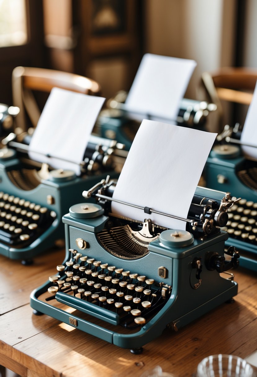 Several vintage typewriters with blank paper sheets arranged on a wooden table as wedding table decorations.