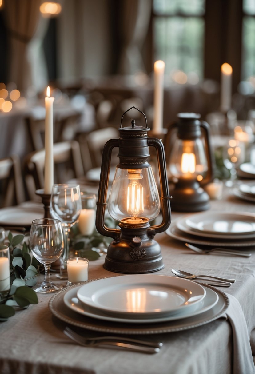A wedding table set with old-fashioned oil lamps glowing warmly, surrounded by plates, cutlery, and glassware, without any flowers.