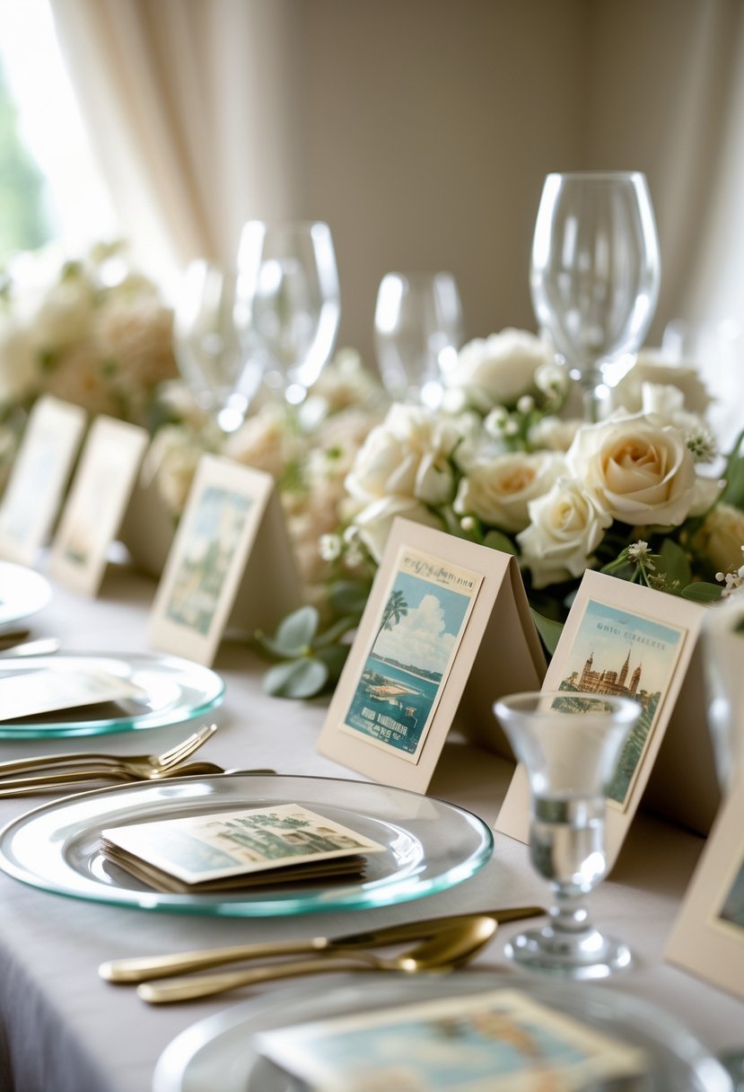A wedding table with vintage postcards displayed under glass plates as part of the table décor.