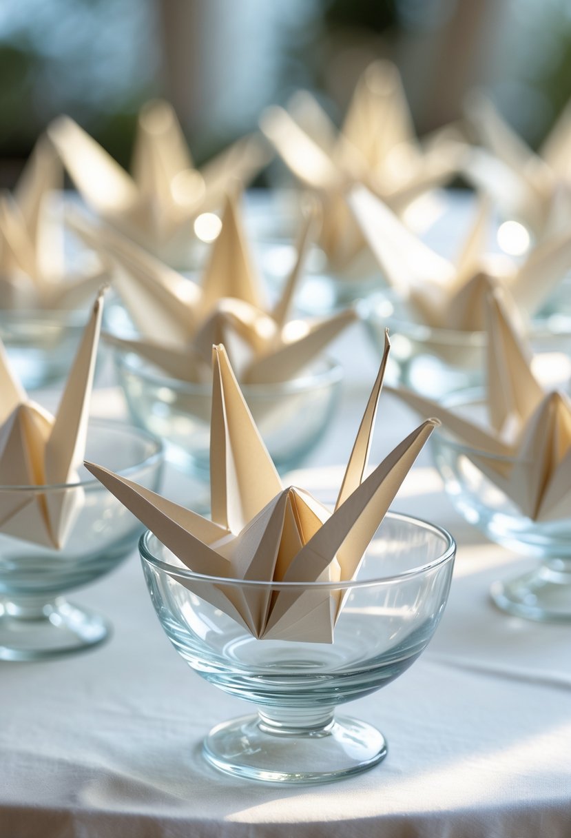 Handmade paper cranes arranged inside glass bowls on a wedding table.