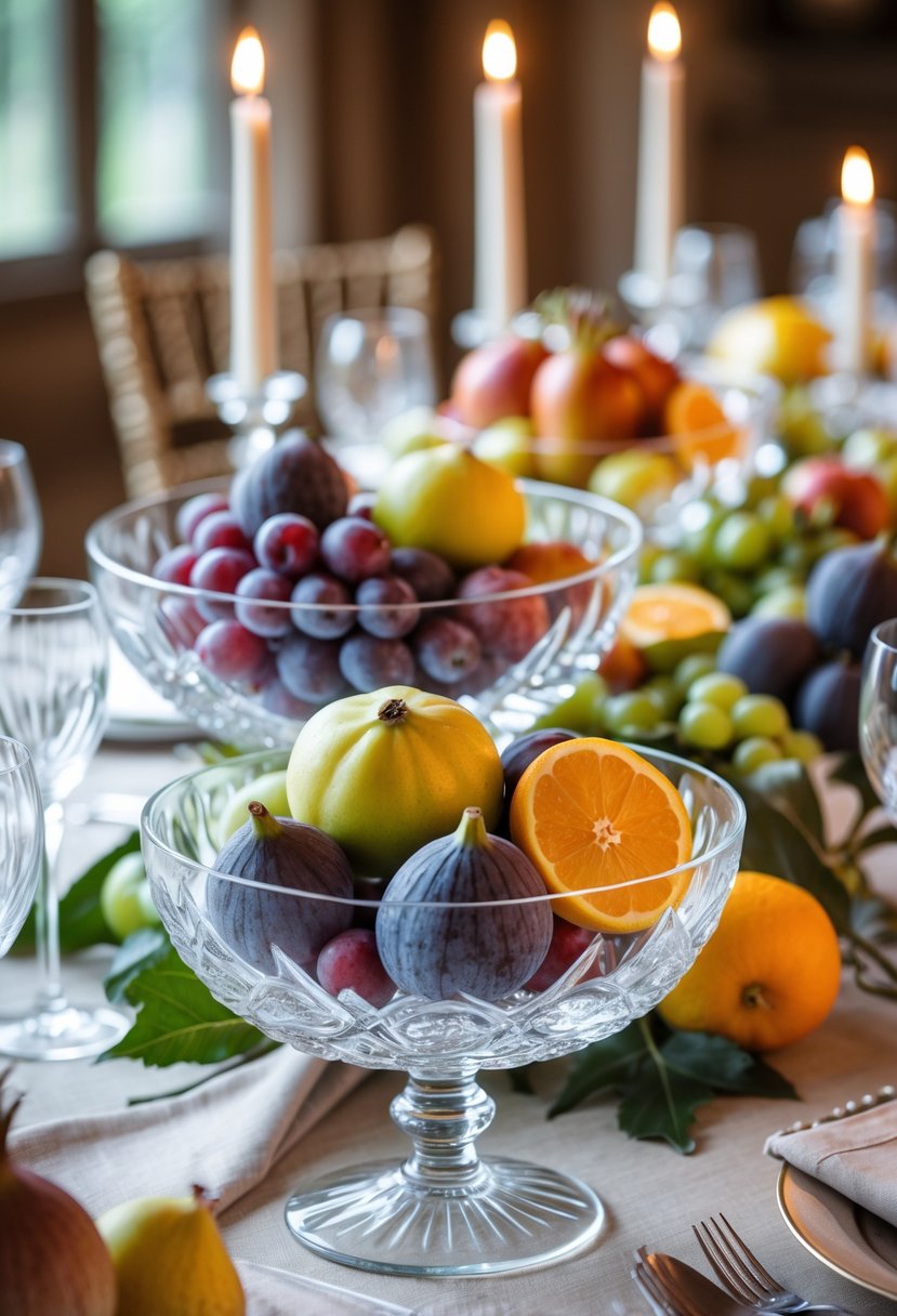 A wedding table with crystal bowls filled with seasonal fruits like figs, grapes, and pomegranates, arranged as a centerpiece without flowers.