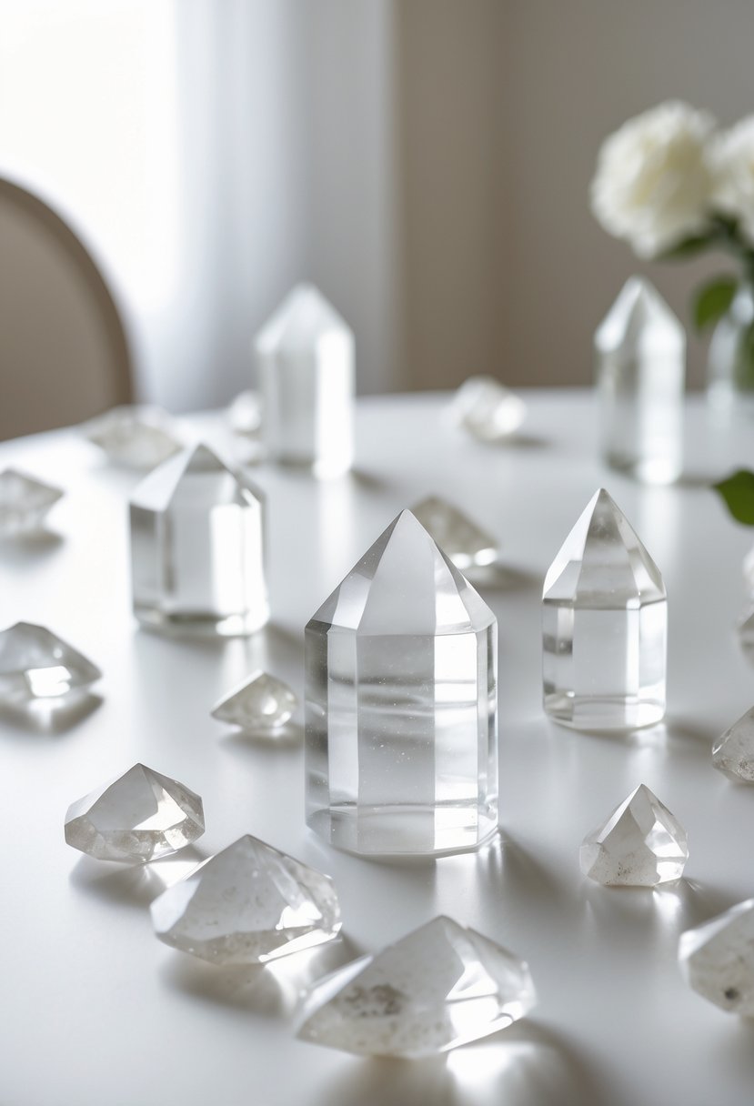 A white table scattered with clear quartz crystals as wedding decorations.