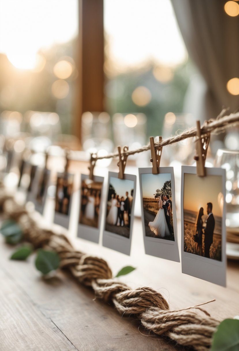 A wedding table centerpiece with Polaroid photos clipped onto twine stretched across the table.