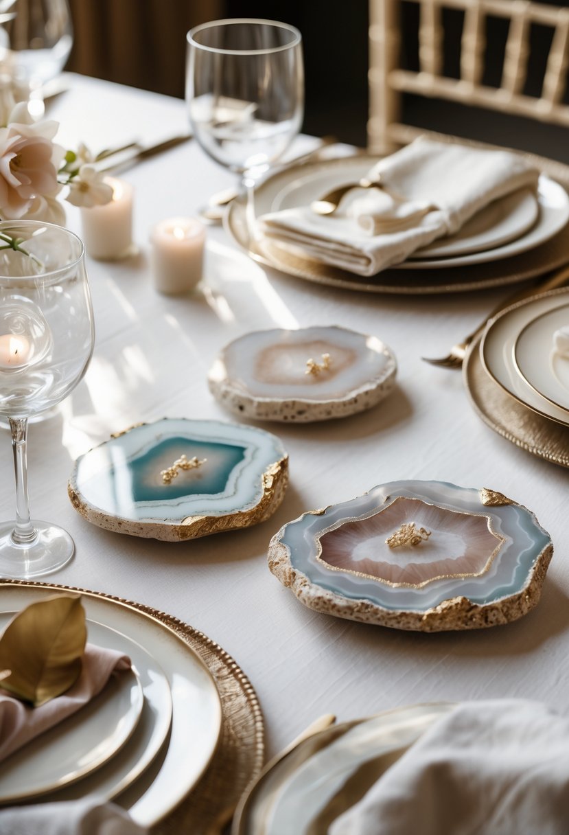 A wedding table setting with personalized quartz and agate coasters, glassware, plates, and linen napkins arranged neatly without flowers.