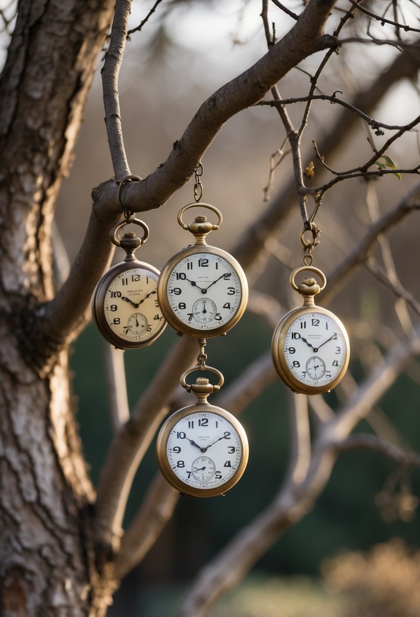 Several antique pocket watches hanging from bare tree branches outdoors.