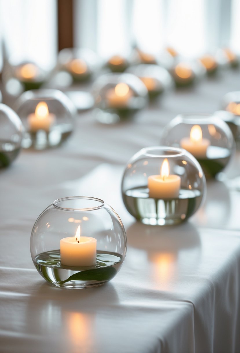 Glass orbs with floating candles arranged on a white wedding table.