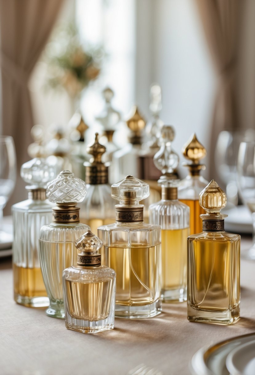 A group of vintage perfume bottles arranged together on a wedding table without flowers.