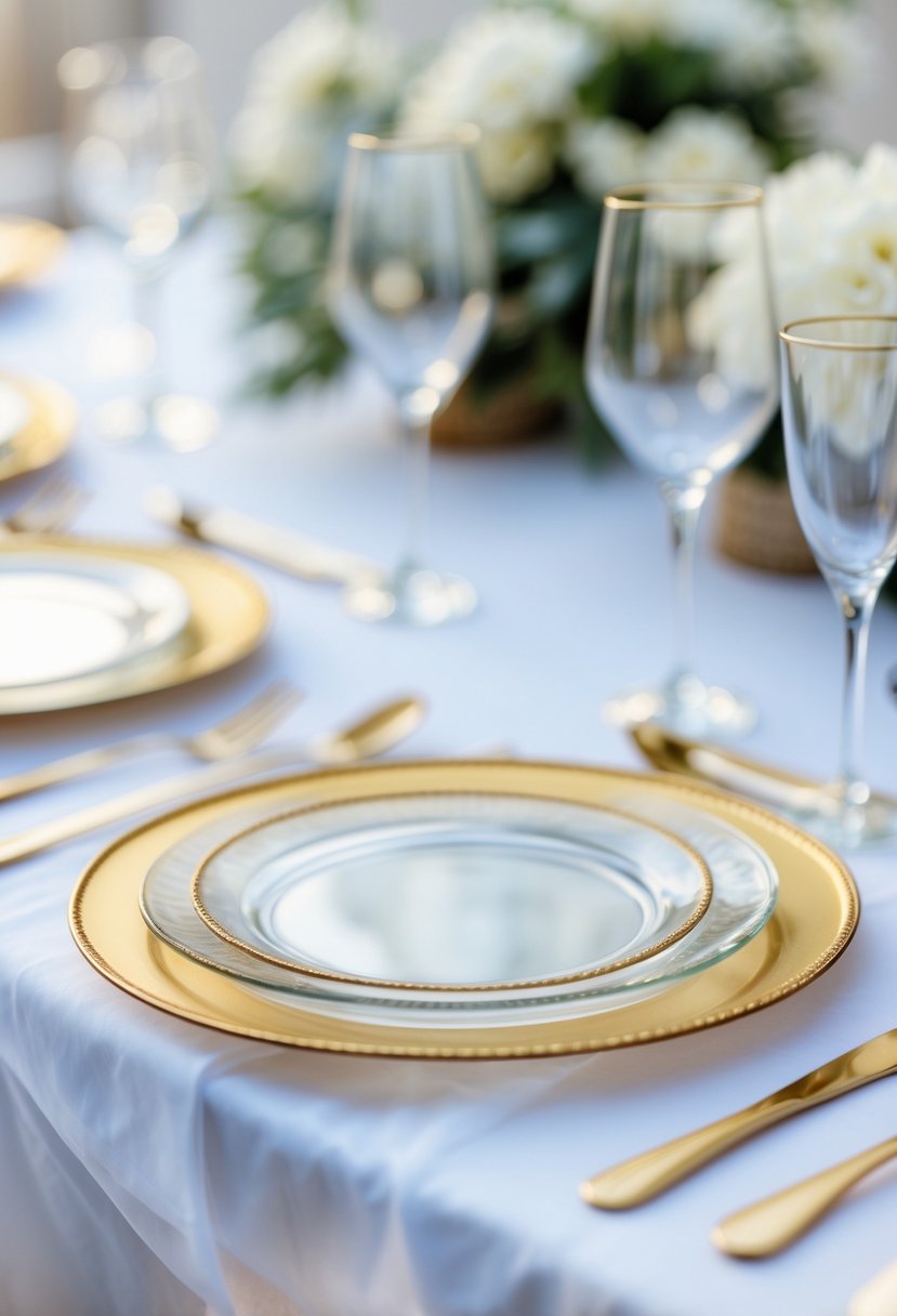 A wedding table set with gold-rimmed glass plates on a white tablecloth without any flowers or decorations.