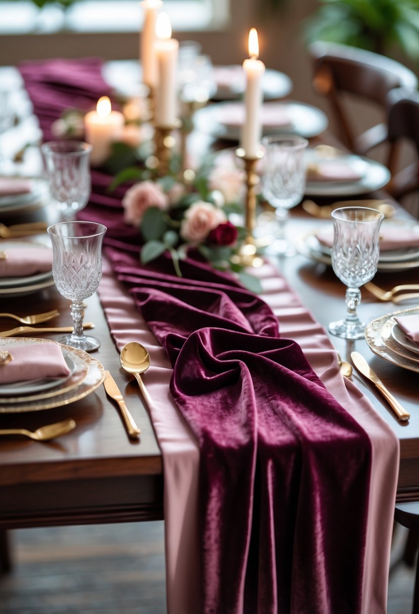 A wedding table with soft velvet runners, candles, fine china, and glassware arranged elegantly without flowers.