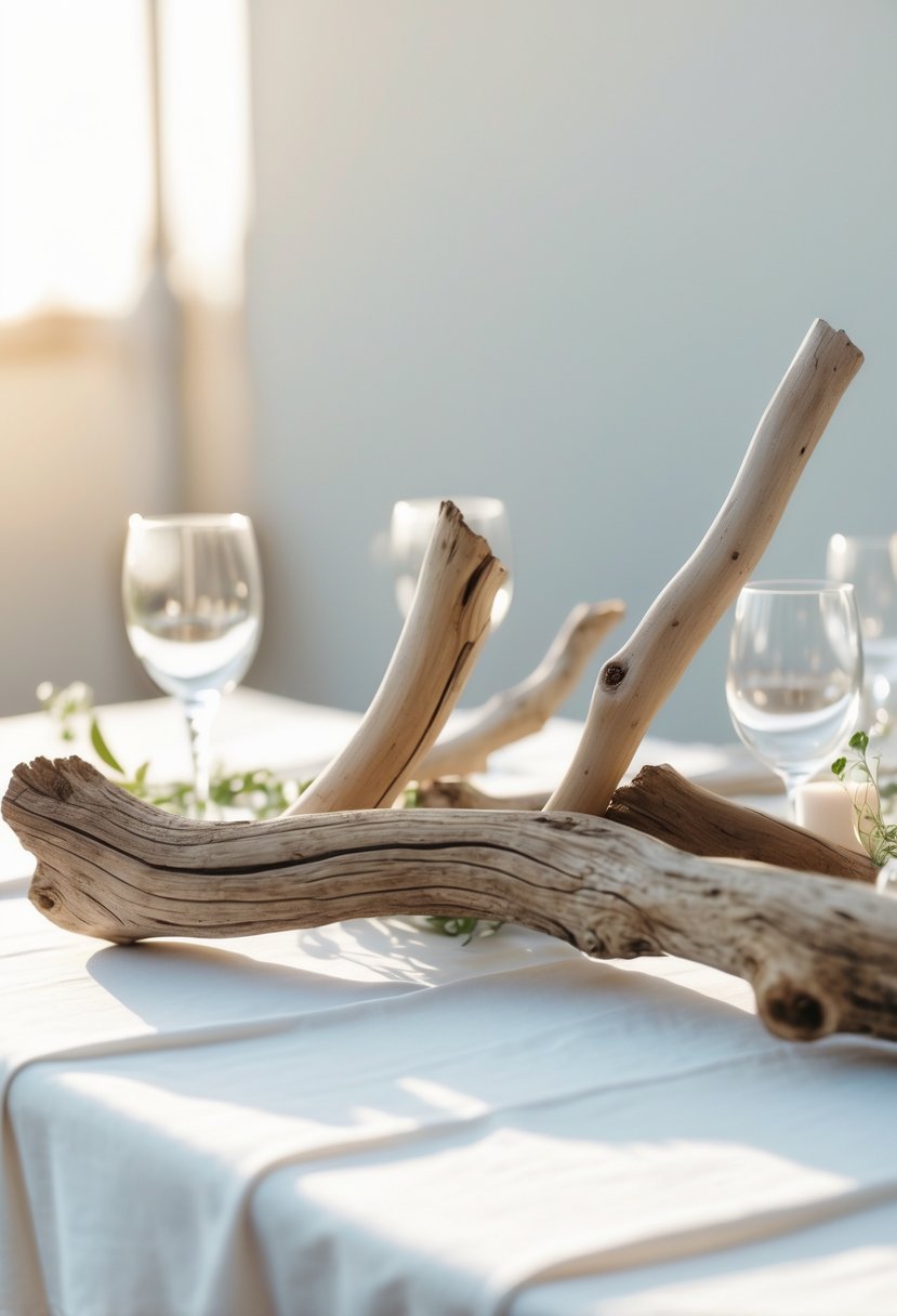 A wedding table decorated with simple driftwood pieces on a white tablecloth, with soft natural lighting.