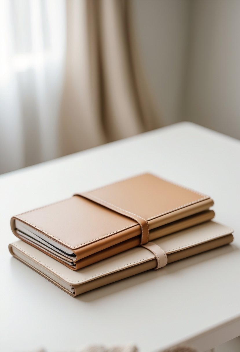 A wedding table with minimalist leather-bound notebooks arranged neatly without any flowers or other decorations.