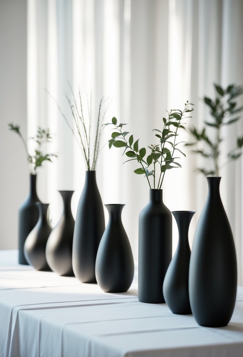 A wedding table with several empty black matte vases arranged on a white tablecloth.