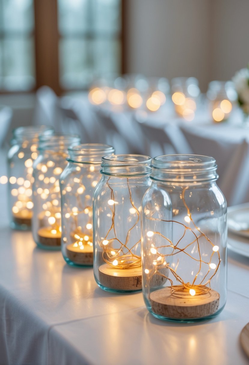 Small glass jars filled with glowing fairy lights arranged on a wedding table.