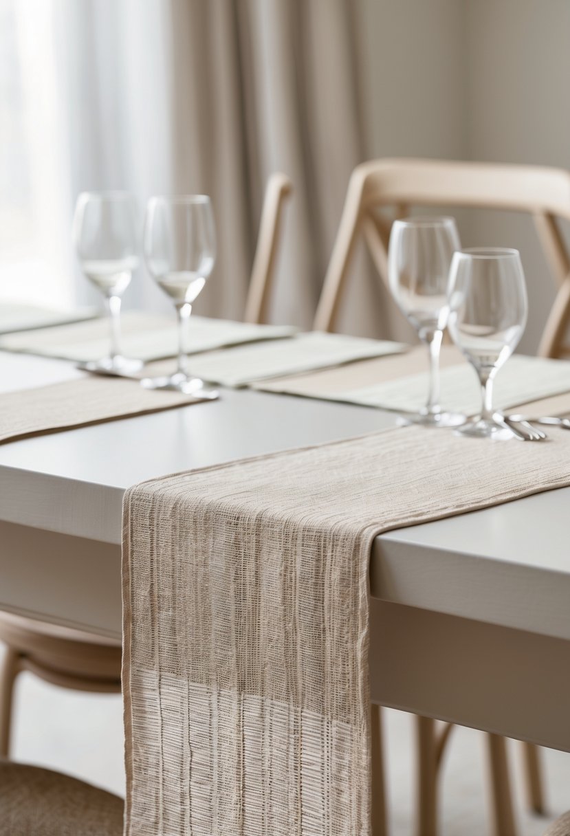 A wedding table set with neutral-colored woven runners and simple decorations without flowers.