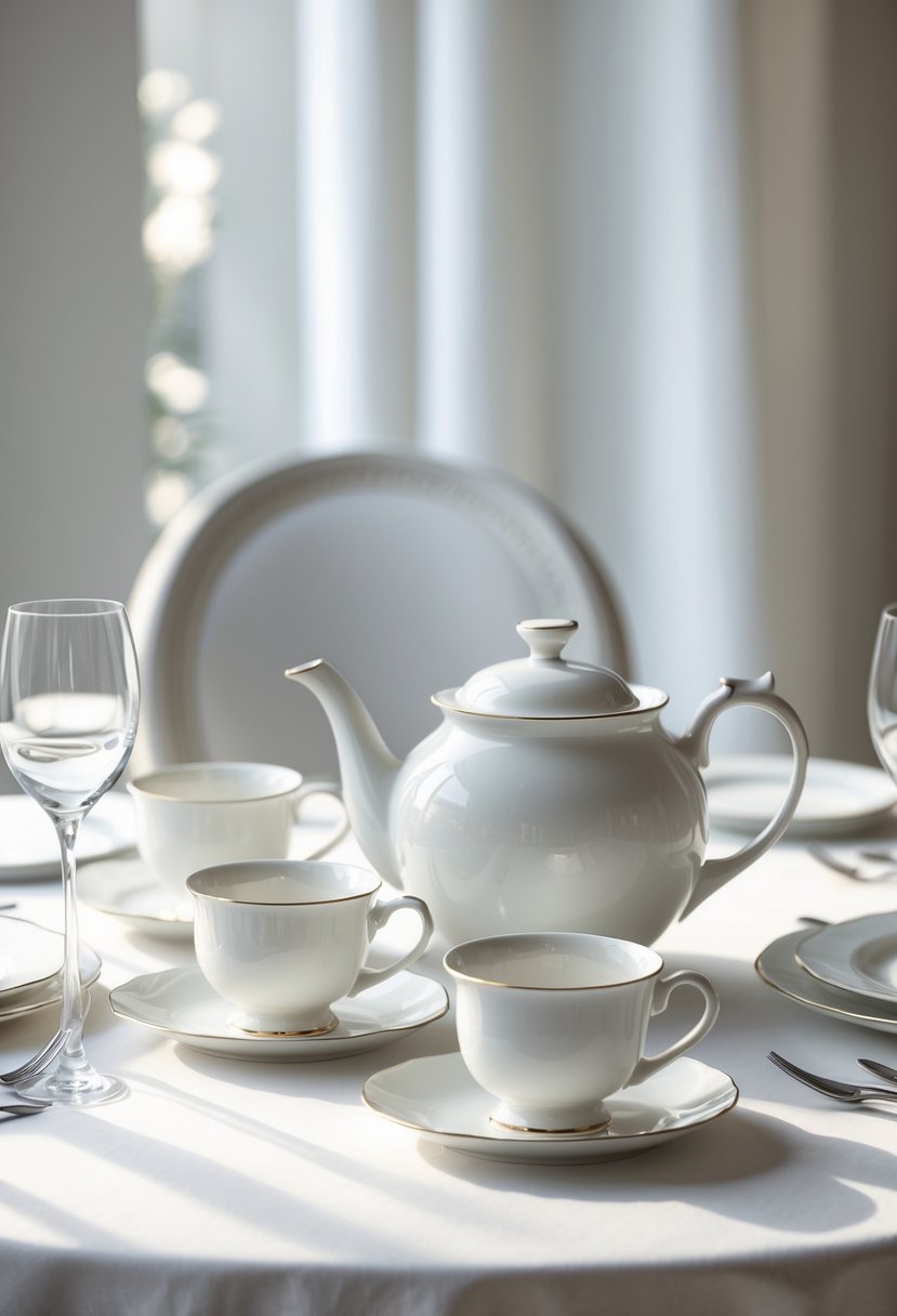 A white ceramic tea set arranged on a wedding table with white linens and no flowers.