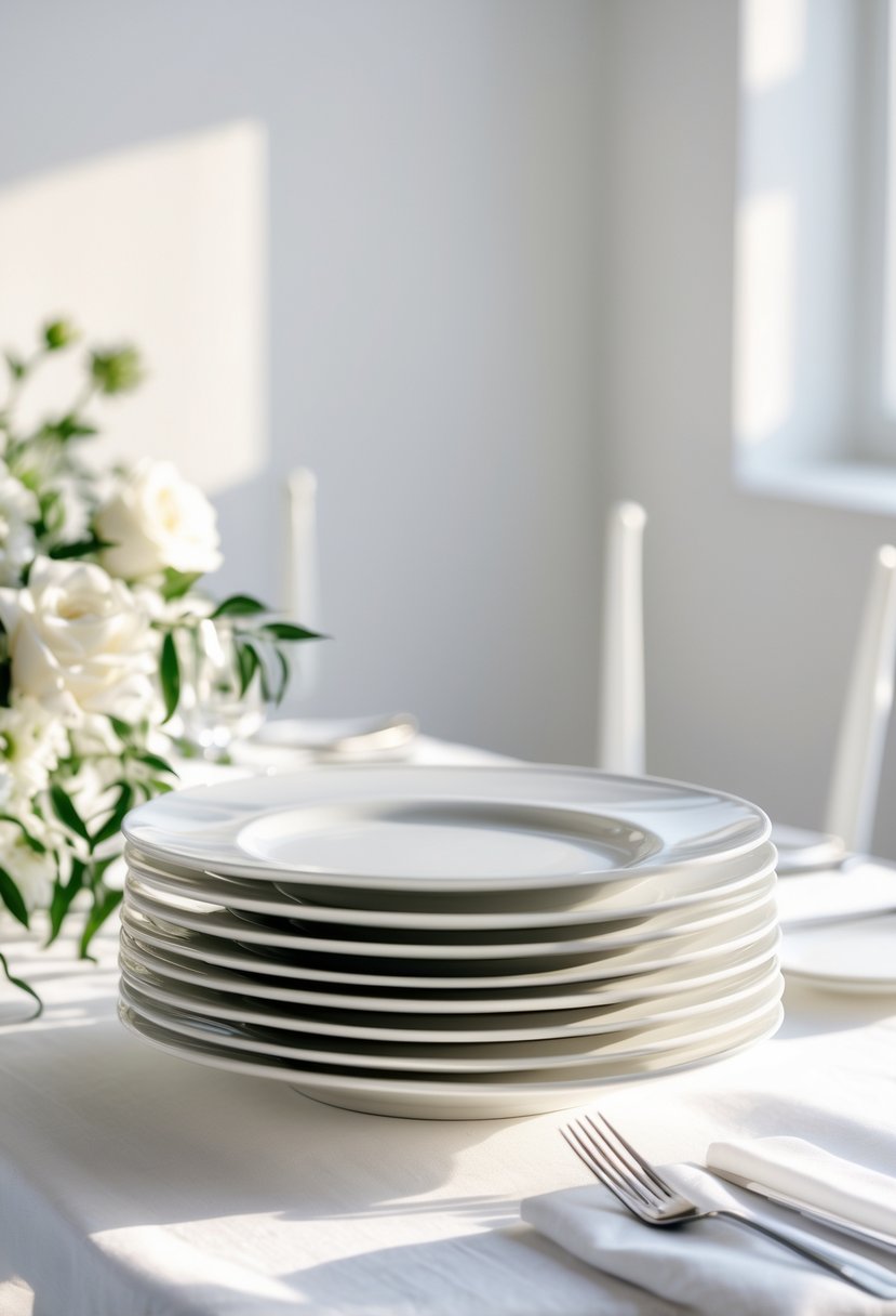 A stack of white porcelain plates on a clean, simple wedding table without any flowers or decorations.