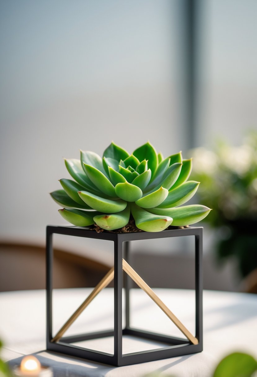 A single green succulent plant on a geometric metal stand on a table.