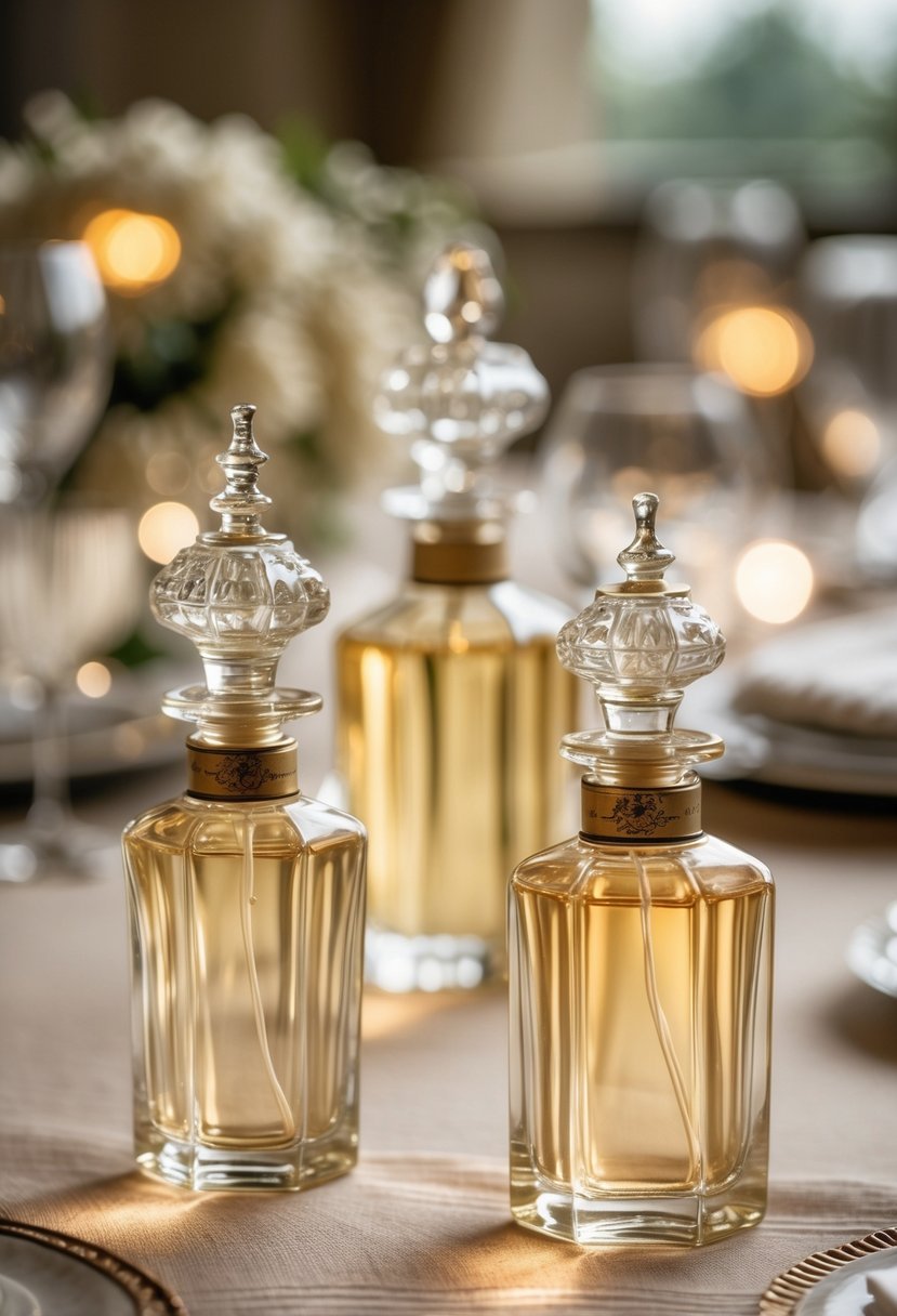 A collection of vintage perfume bottles with diffusers arranged on a wedding table.