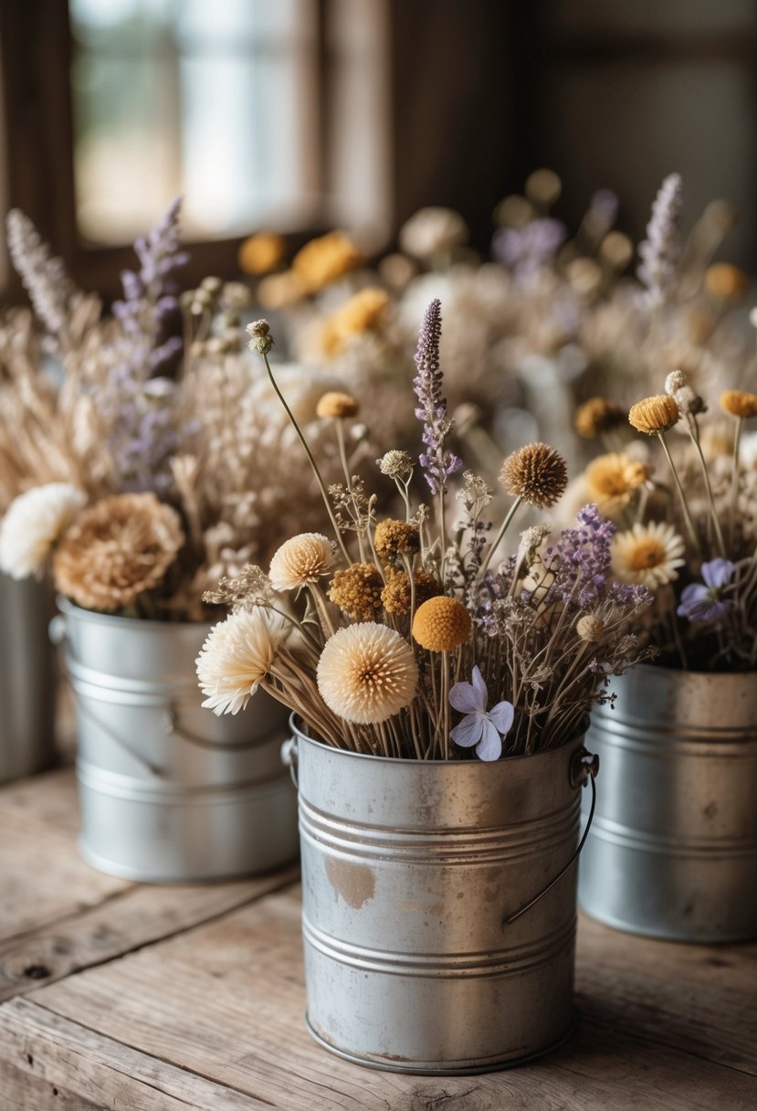 Rustic tin buckets filled with dried wildflowers arranged on a wooden table.