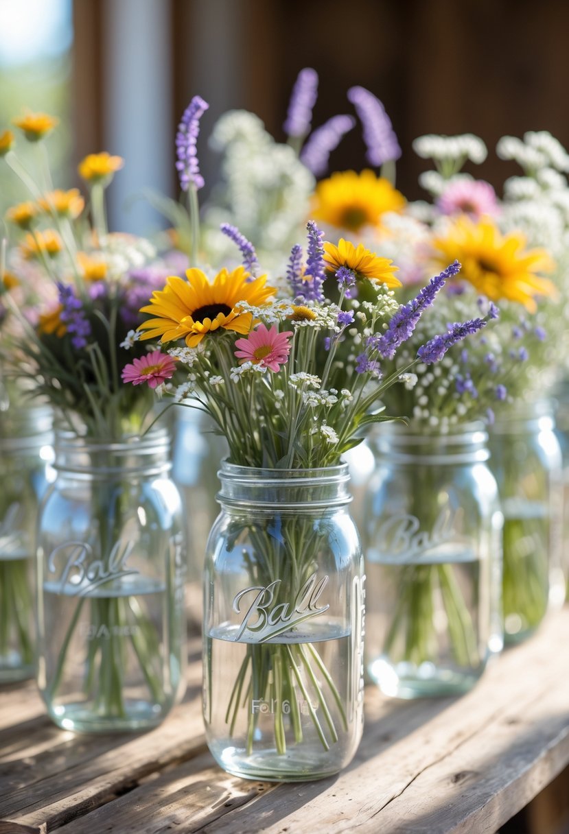 Several mason jars filled with colorful wildflowers arranged on a wooden table.