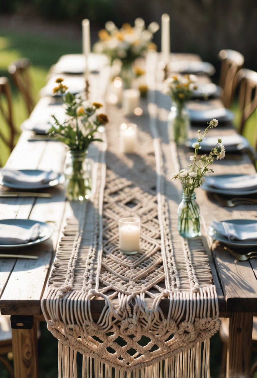 A wooden table outdoors decorated with a macrame table runner, small vases of flowers, candles, and tableware.