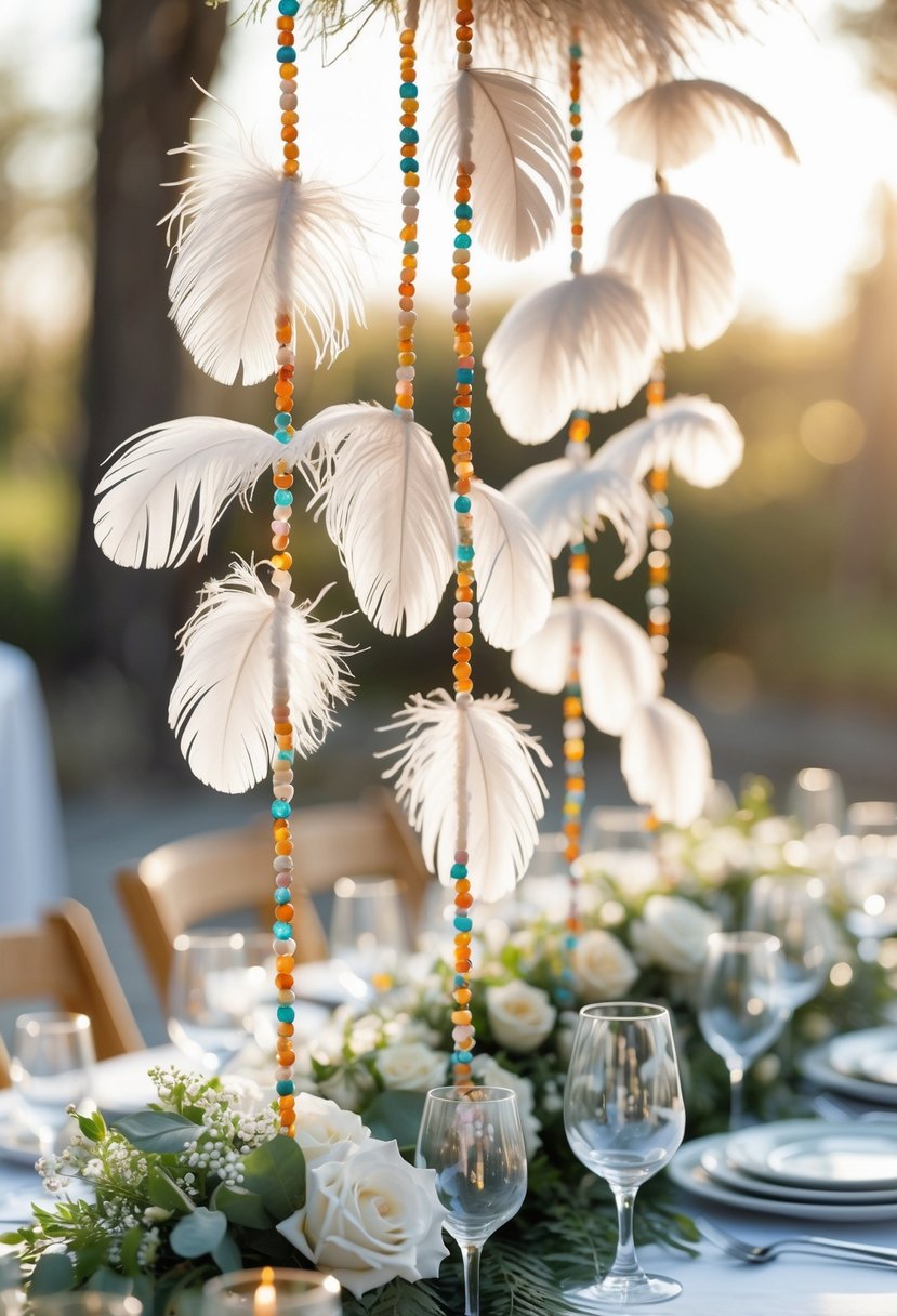 A wedding table decorated with feather and bead garlands, set with plates and glassware in an outdoor setting.
