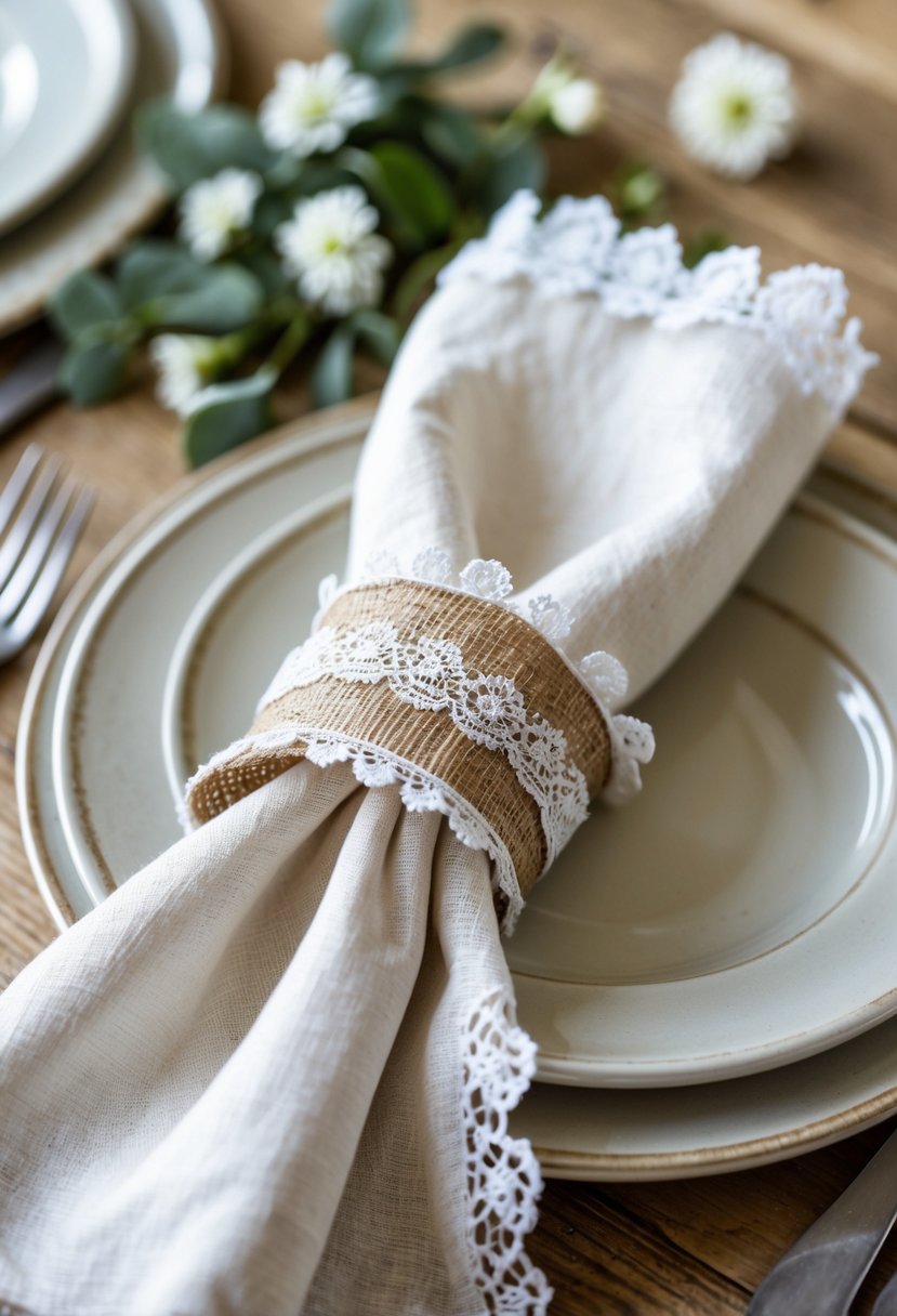 Close-up of burlap napkin rings with lace trim around white napkins on a wooden table with greenery and small white flowers.