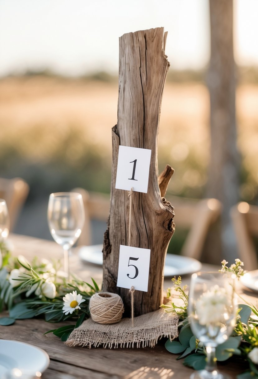 A wooden table with a piece of driftwood used as a centerpiece, surrounded by greenery and small flowers, set in an outdoor wedding setting.