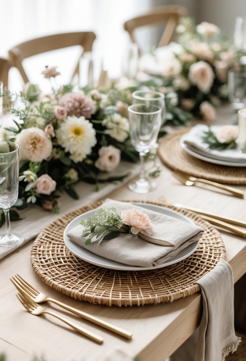 A wedding table set with woven rattan chargers, floral arrangements, glassware, and linen napkins on a wooden surface.