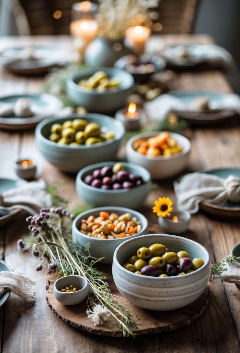 A wooden table with handmade ceramic bowls filled with appetizers and simple decorative elements.