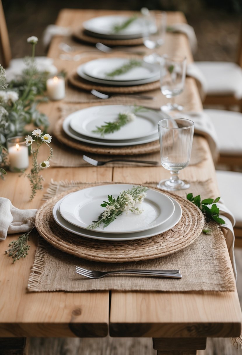 A wooden table set with natural jute placemats, white plates, glassware, silver cutlery, and small floral decorations.