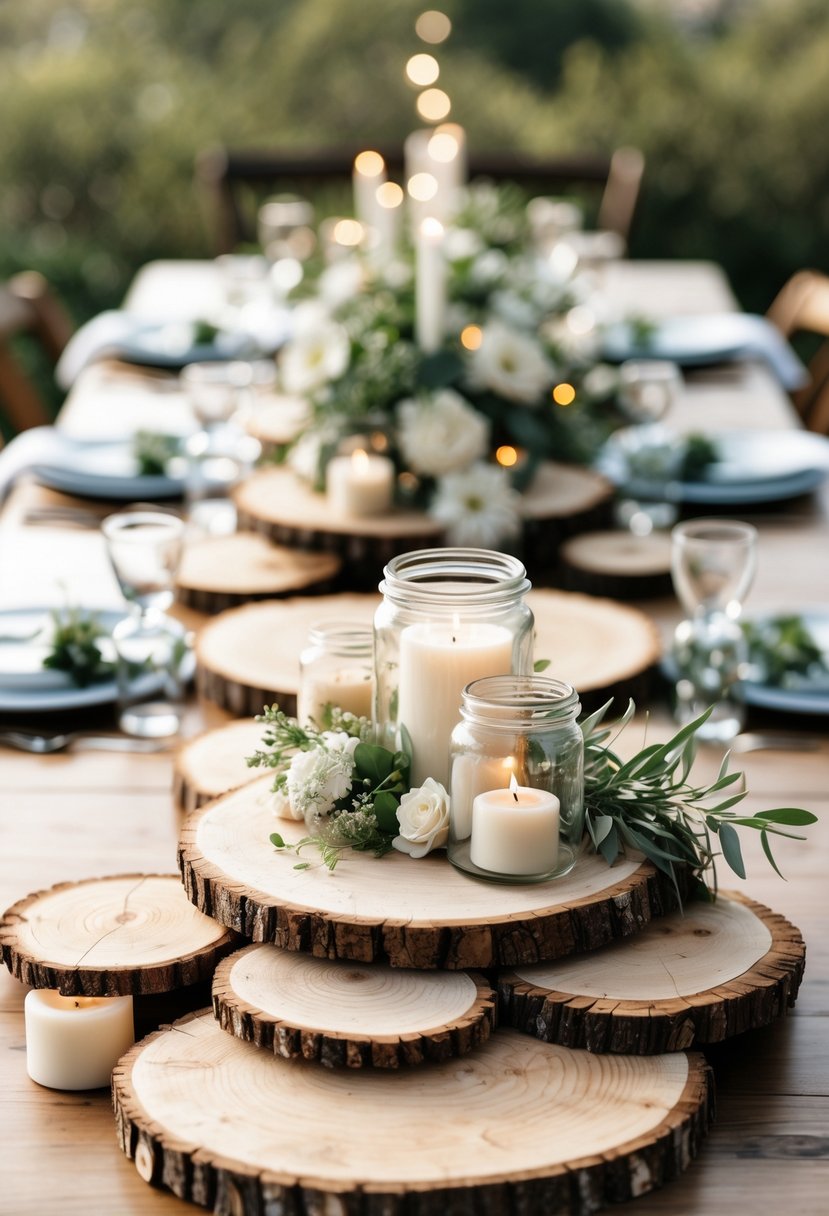 A wedding table decorated with wooden slices, glass jars, candles, greenery, and white flowers.