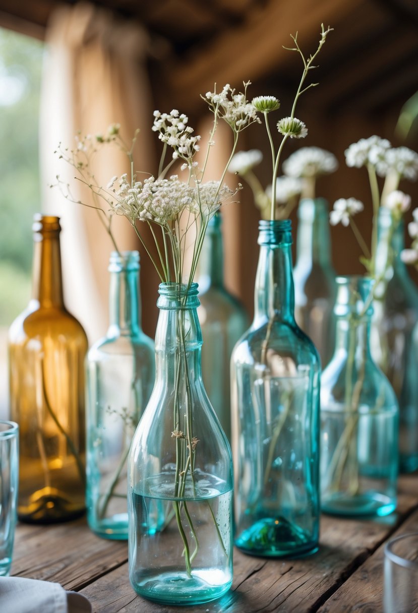 A group of vintage glass bottles on a wooden table, each holding a single flower stem.