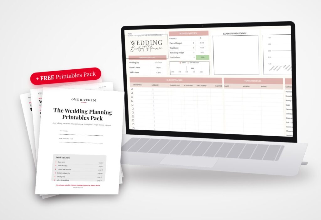 The Ultimate Wedding Planner for Google Sheets on a laptop, with the free Wedding Planning Printables Pack